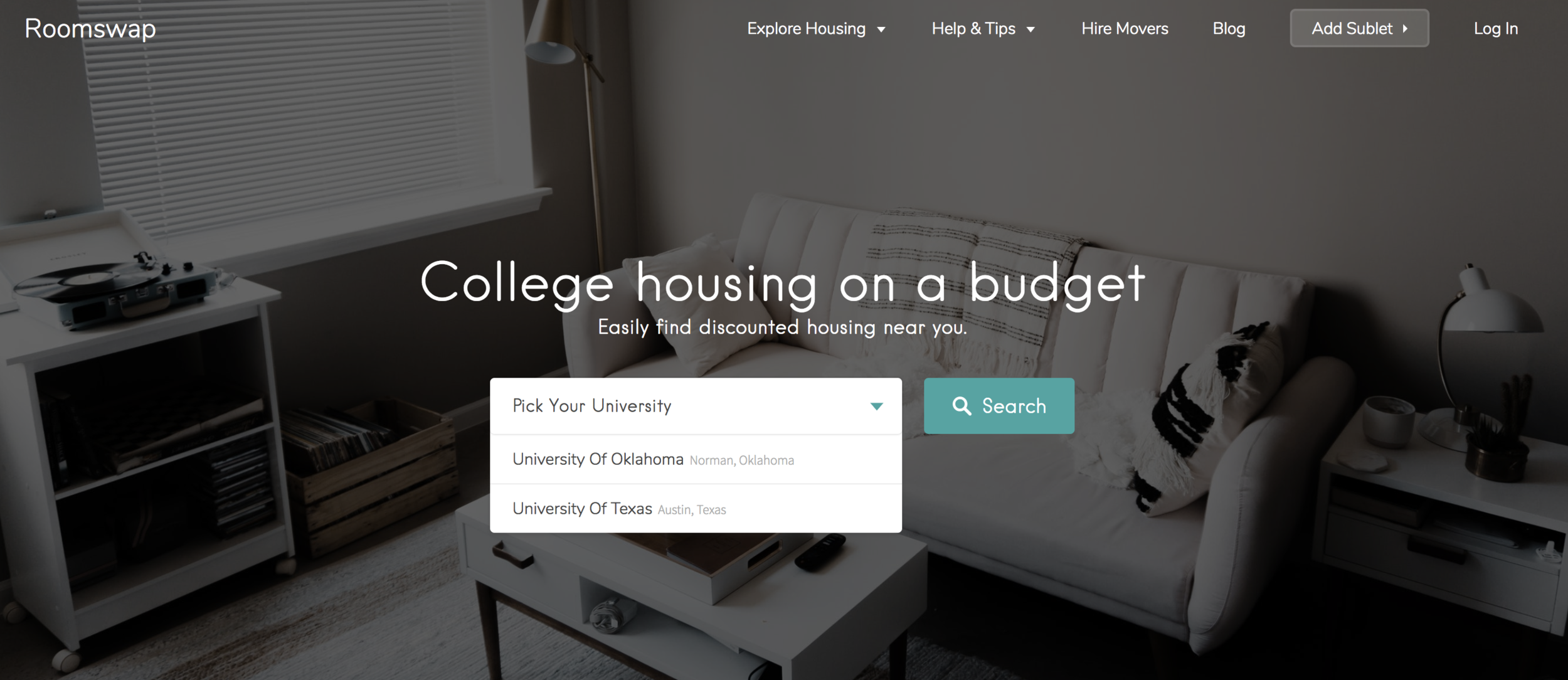 Roomswap homepage @ roomswap.co
