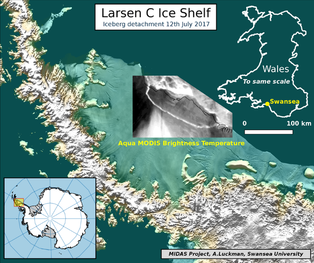 A map shows the detachment of an iceberg from the Larsen C Ice Shelf in Antarctica, based on data from NASA's Aqua Modis satellite, July 12, 2017. MIDAS PROJECT, SWANSEA UNIVERSITY