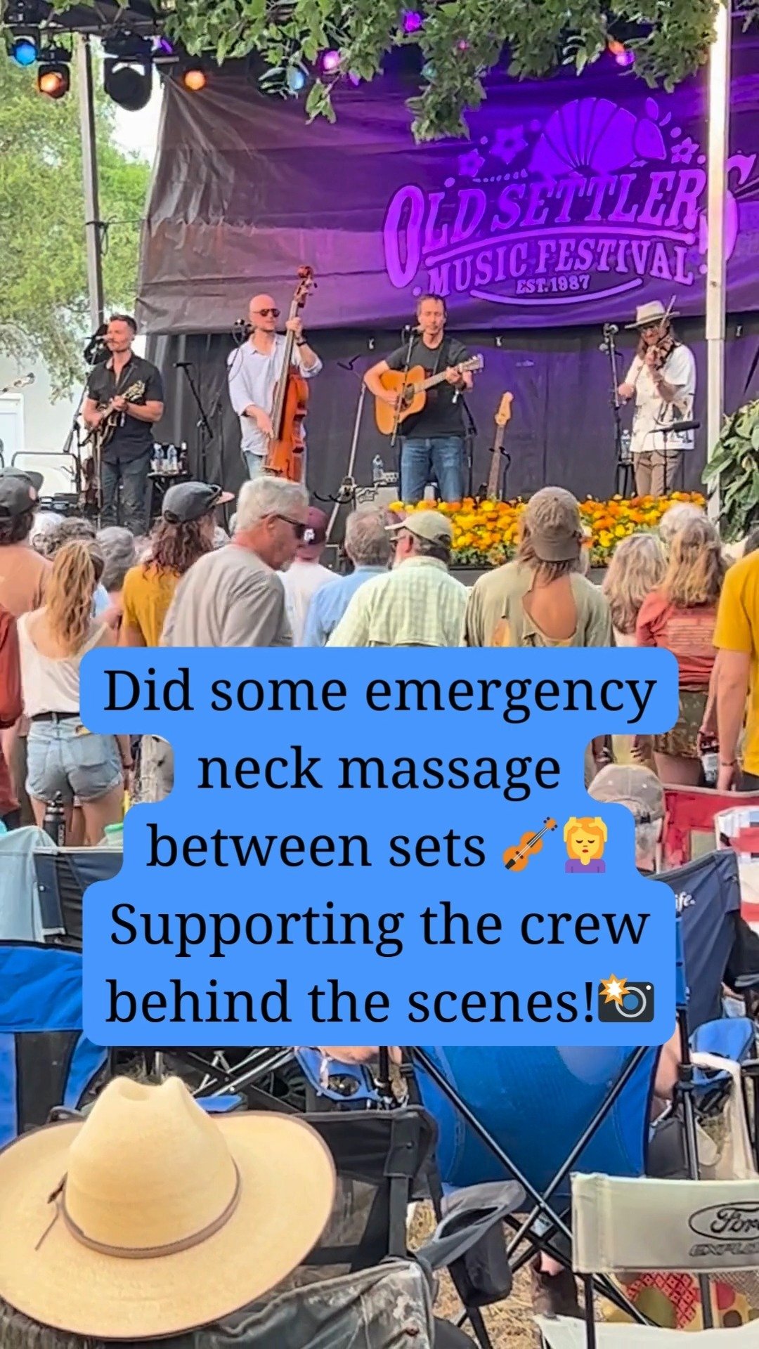 Big thanks to Old Settler’s Music Festival for the VIP upgrade! 🙌 @oldsettlers
This is Yonder Mountain String Band tearing it up on stage 🎶. I even got to do a little backstage magic of my own — giving an emergency neck massage to the