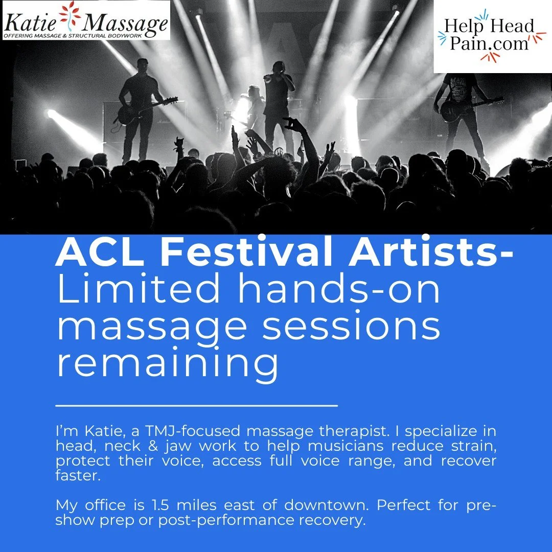 ACL Festival artists & booking agents πΆβ¨ Limited sessions available! I’m Katie with Katie Massage, a TMJ-focused massage therapist 1.5 miles east of downtown. I help musicians achieve full vocal range, reduce jaw tension, ease neck and sho