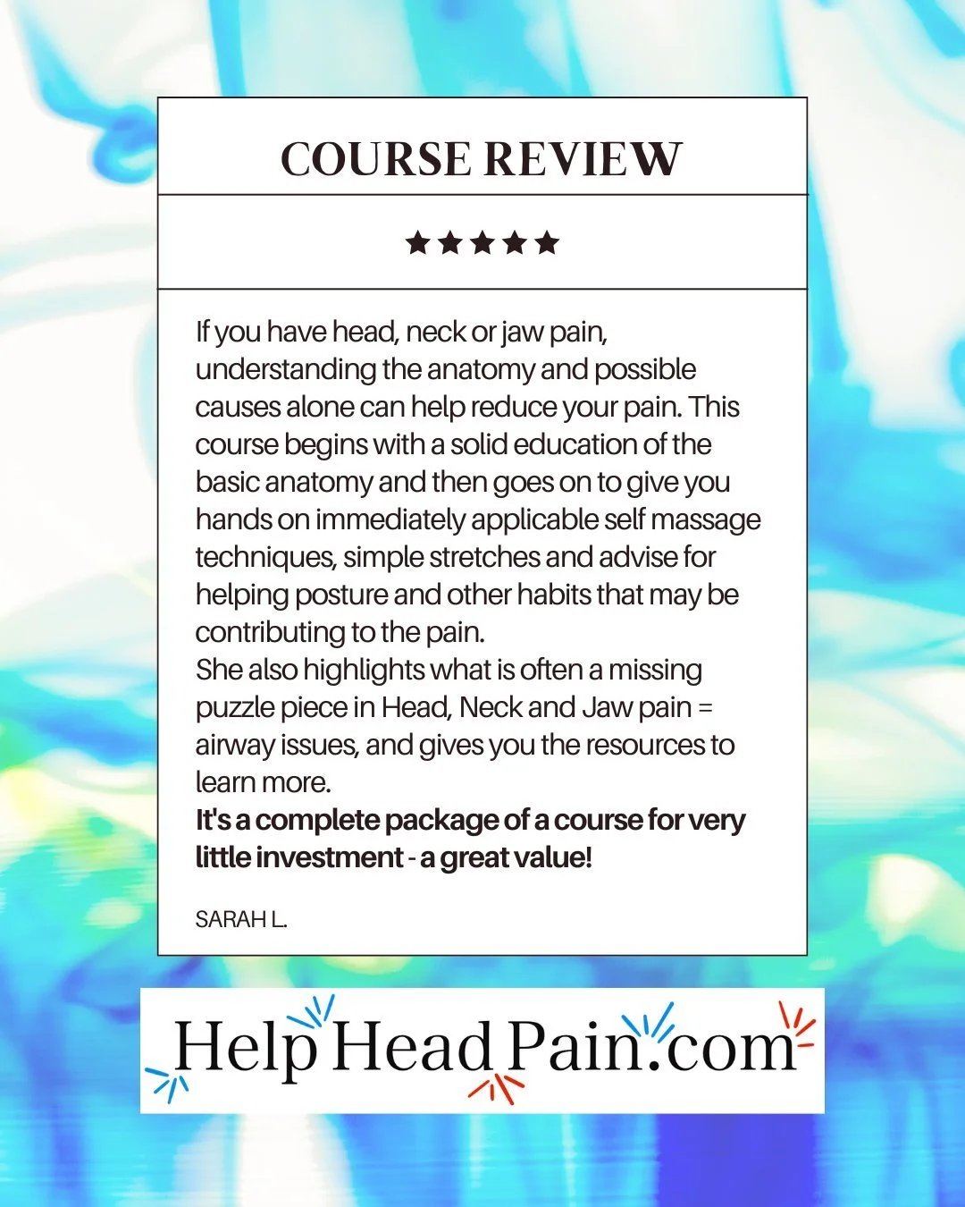 Course Review: &quot;If you have head, neck or jaw pain, understanding the anatomy and possible causes alone can help reduce your pain. This course begins with a solid education of the basic anatomy and then goes on to give you hands on immediately a