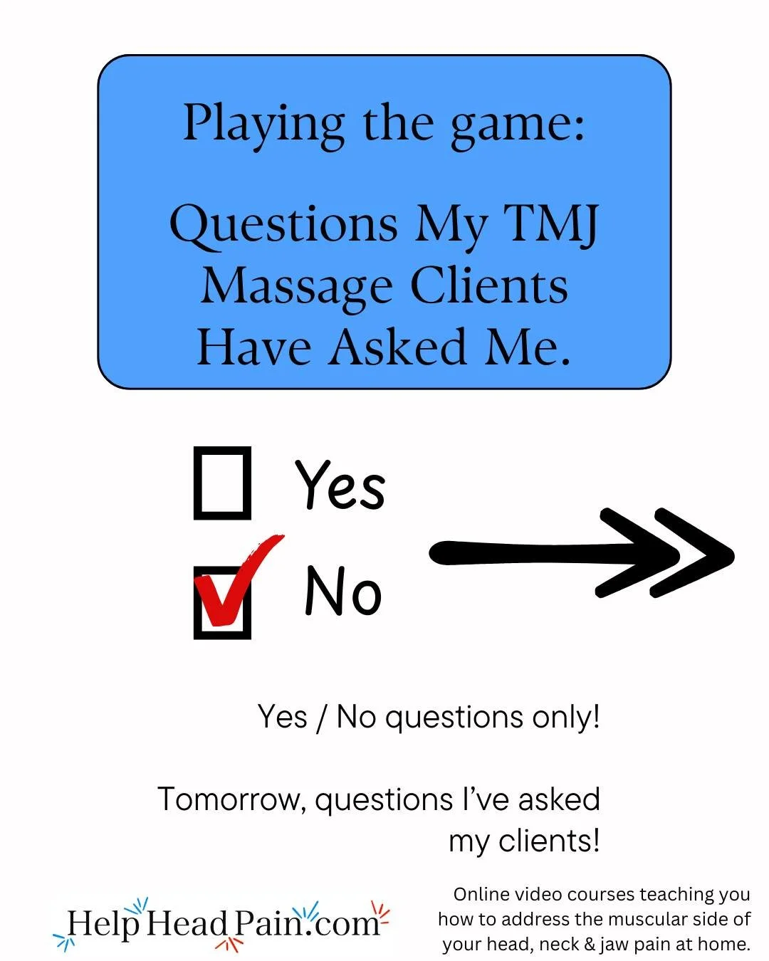 Today: Questions my TMJ clients have asked me.

Tomorrow, we flip the tables for Questions I've asked my TMJ clients (with a few helpful tips for you).

Would you believe that I've had at four people ask if they hear a goat when they really hear a ch
