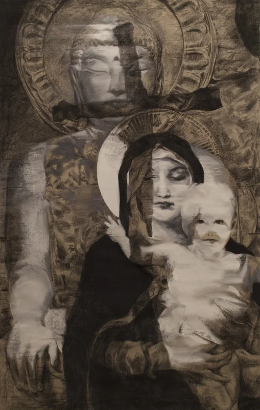 Dear Religions in Korea: Buddhism, Protestantism, and Catholicism (2014), Charcoal and oil on linen, 83" x 53" (6’92” x 4’42” / 210.82 x 134.62 cm), Private Collection