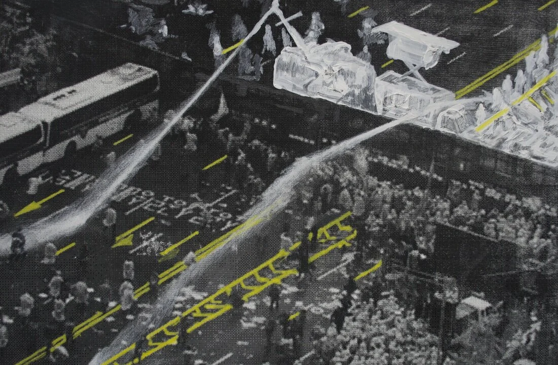 Yellows under the Whites (2015), Screen print, acrylic, pencil, and colored pencil on paper, 22" x 30" (55.88 x 76.2 cm)