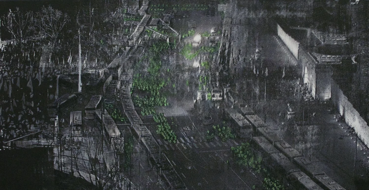 Greens in the Walls (2015), Screen print, highlighter, gel-medium on paper, 22" x 30" (55.88 x 76.2 cm), Private collection