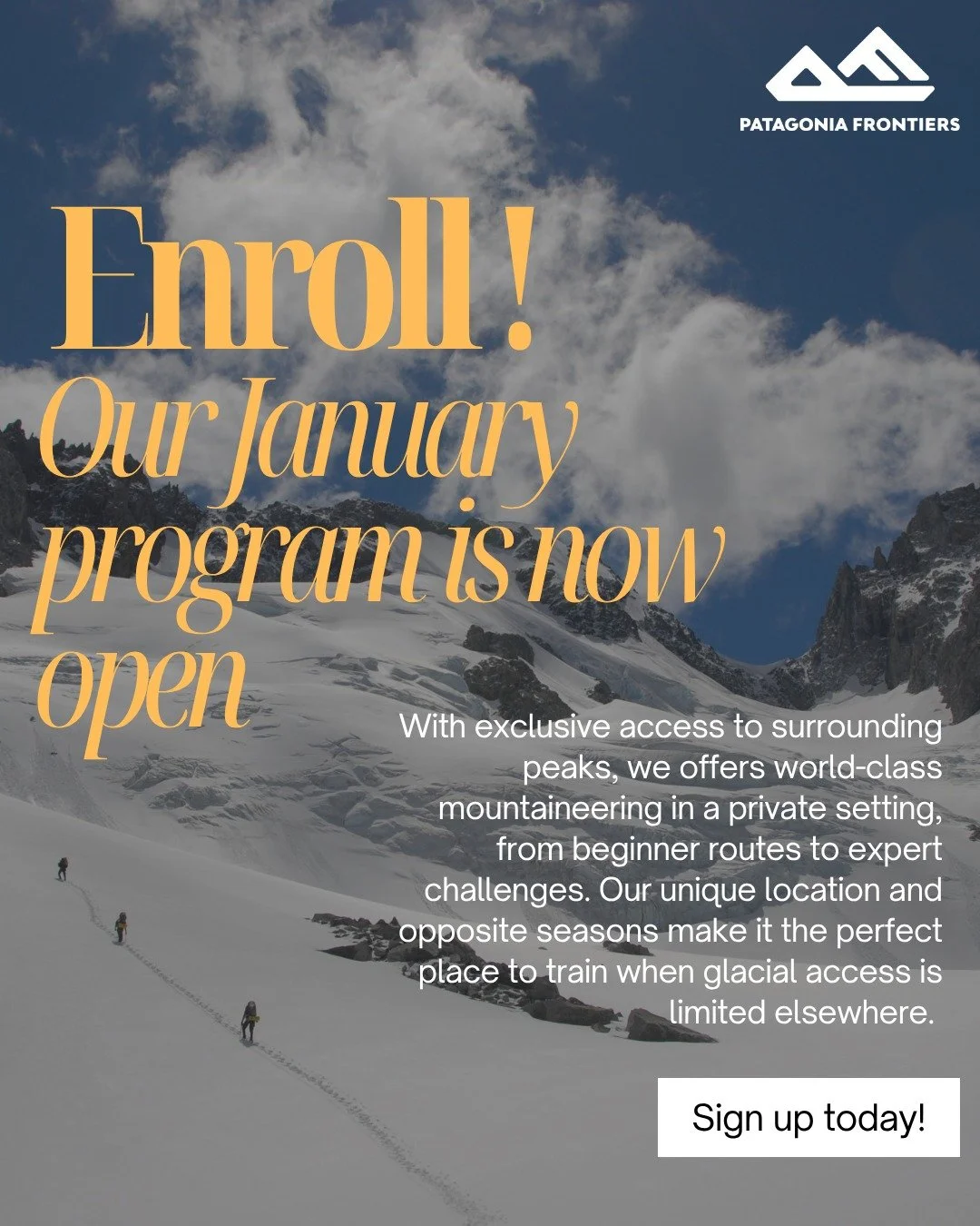 There are over 1,600 square miles of glaciers in our backyard. 
Welcome to your classroom!

En Patagonia Frontiers, desarrollar&aacute;s habilidades reales en terreno, con acceso directo desde nuestra base a glaciares y cumbres.
Ya sea que est&eacute