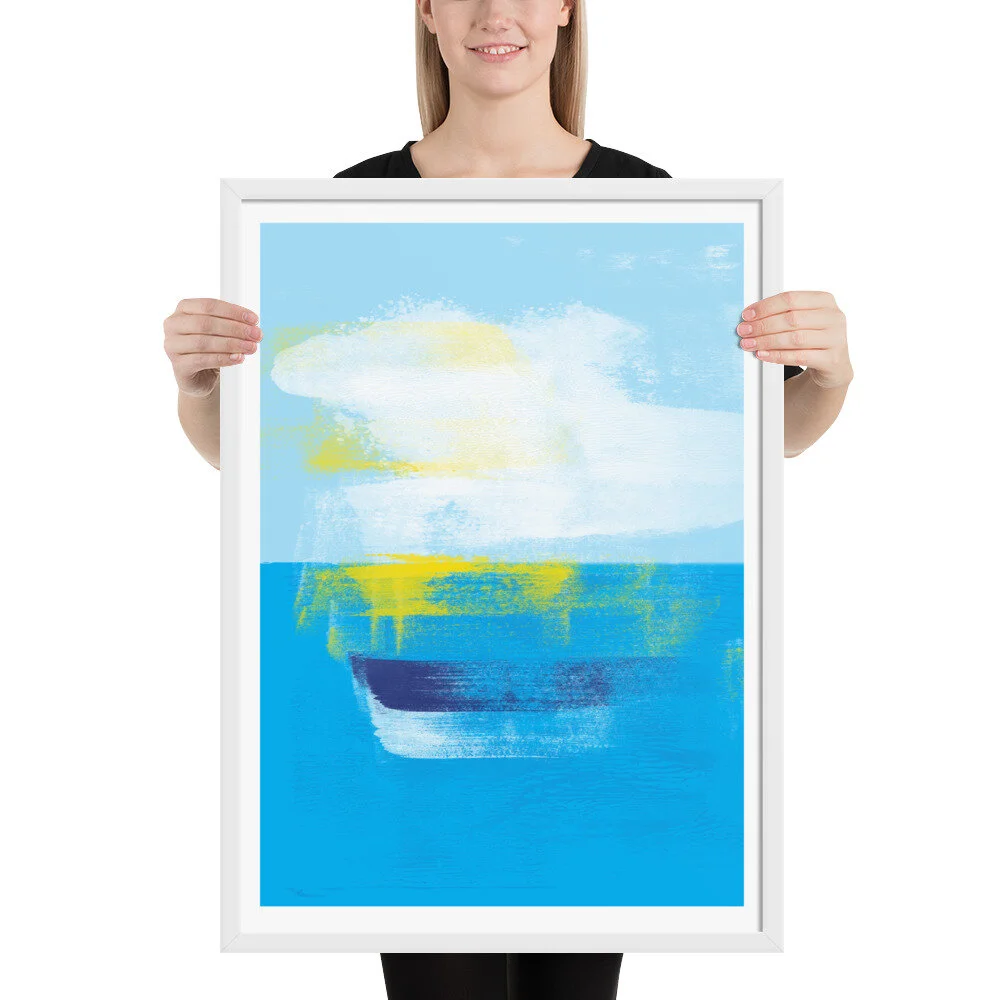 White Frame Blue Ocean Cloud Abstract Painting for Sale