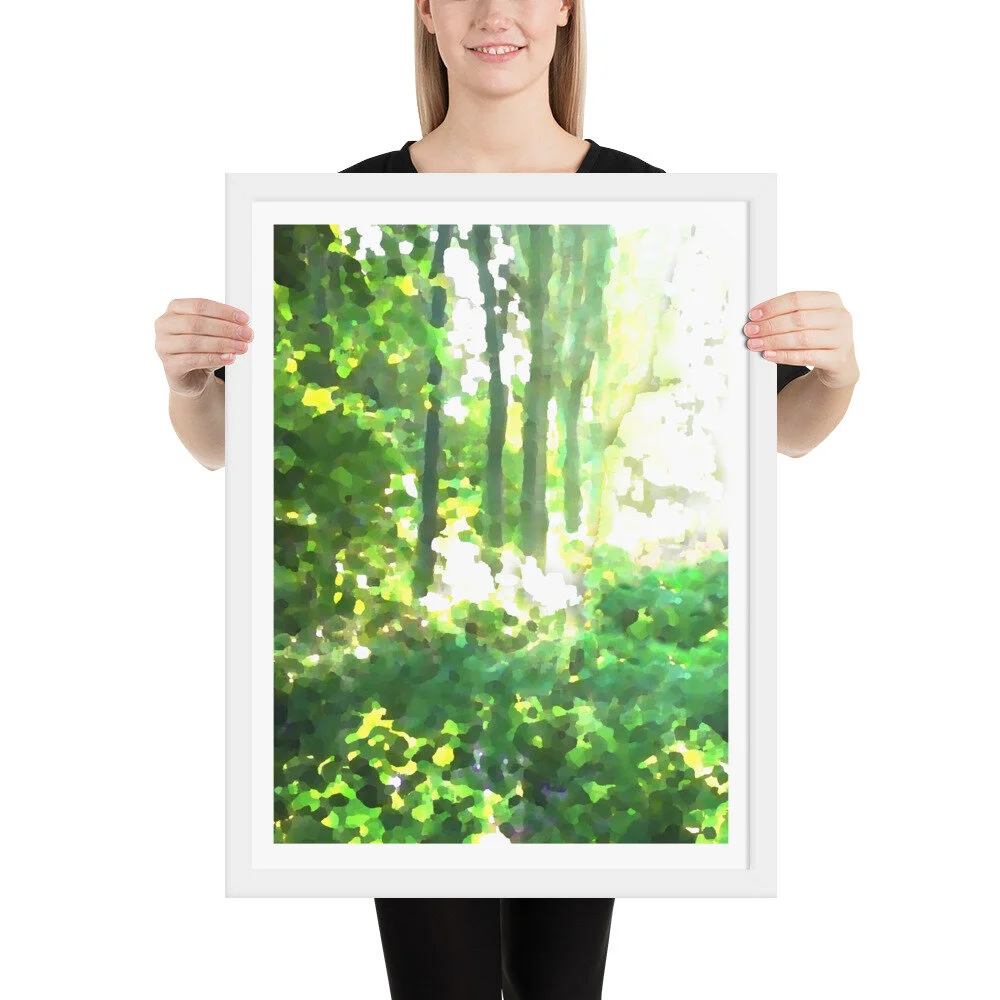 White Frame Tranquil Green Forest Abstract Art Print for Sale