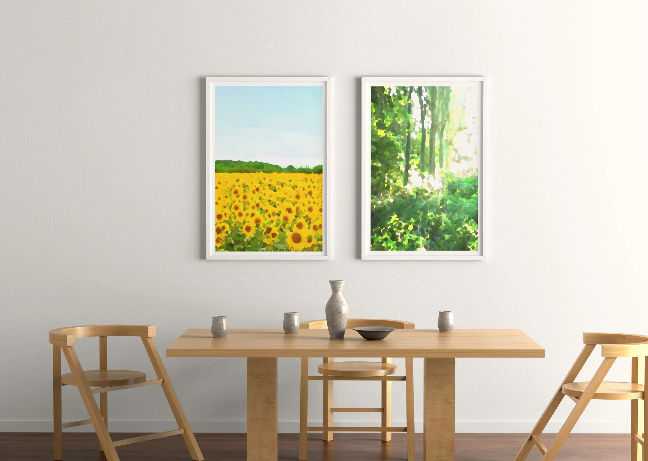 Lifestyle Sunflowers and Green Forest Abstract Landscape Art Prints for Sale