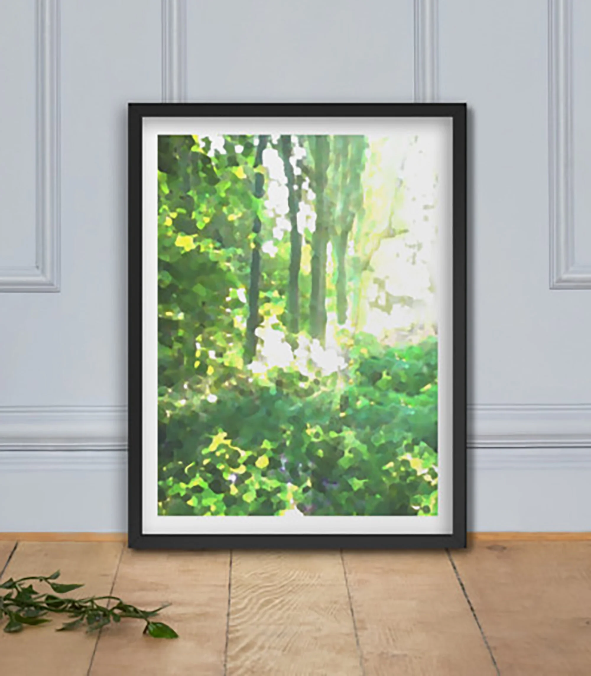 Lifestyle Against Wall Tranquil Green Forest Abstract Art Print for Sale