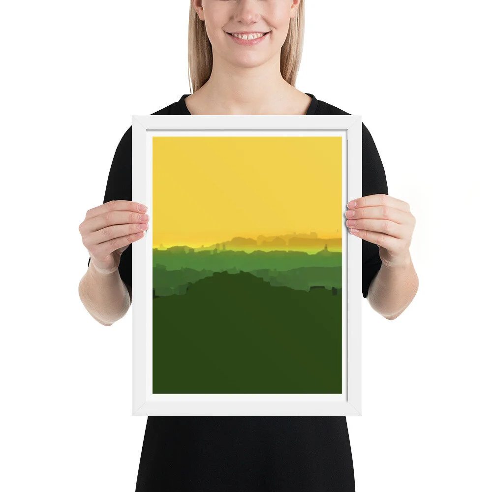 White Frame Tuscan Sunset Yellow Green Art Print for Sale (Copy)