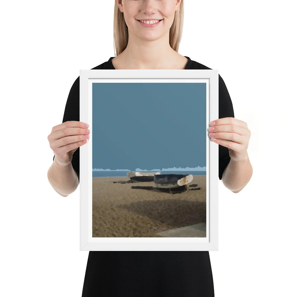 White Frame Aldeburgh Beach Fishing Boats Art Print for Sale