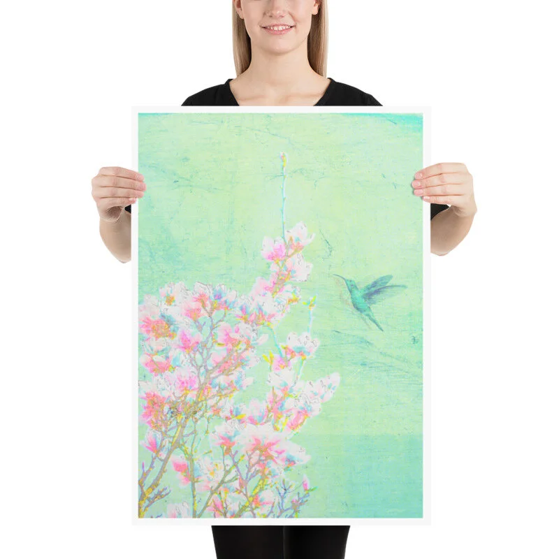 Cherry Blossom Humming Bird Artwork Poster Print for Sale