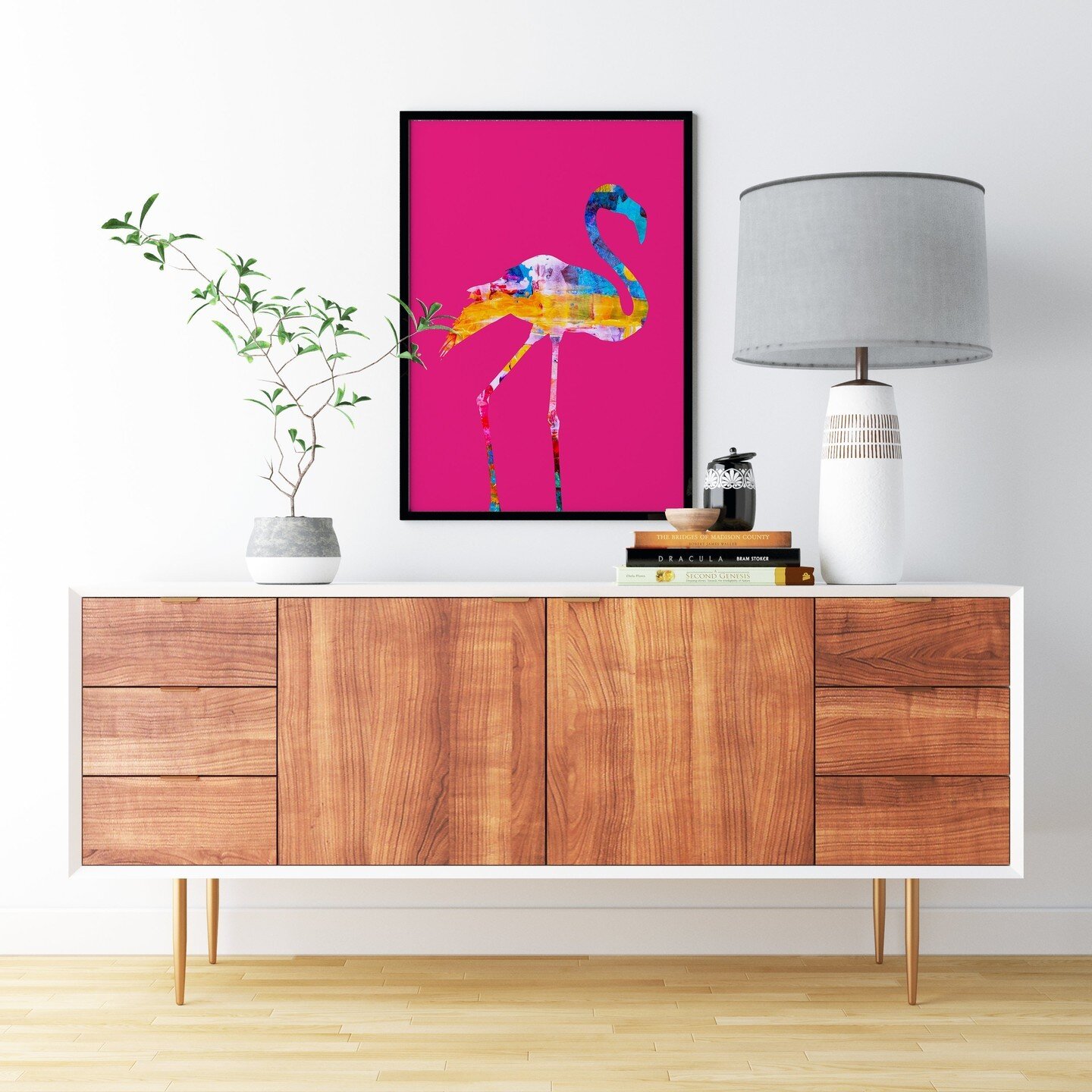 Wow picks! Pink Flamingo Art Print, Hot Pink Vibrant tropical, for office, living room kids bedroom. Abstract Wall Picture, square 30x30cm Unframed at &pound;8.99 Choose your wows. 🐕 #PinkBirdWallArt #TropicalBirdPrint #FunArt #BirdArt #SquareBright