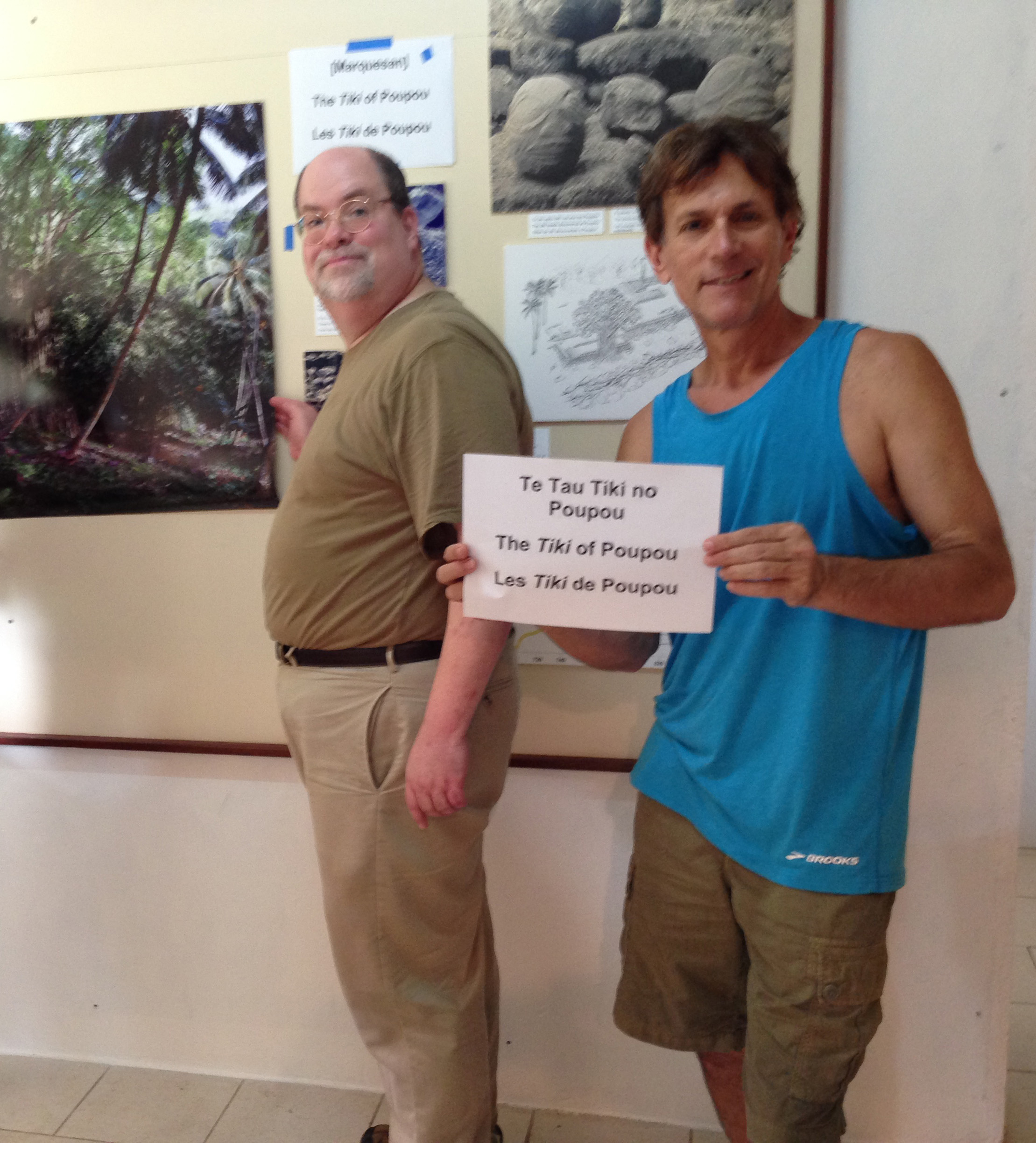 2016. Eric Kjellgren and Barry Rolett mounting a new tiki exhibit featuring four stone heads discovered during AFAR excavations in Vaitahu Valley.