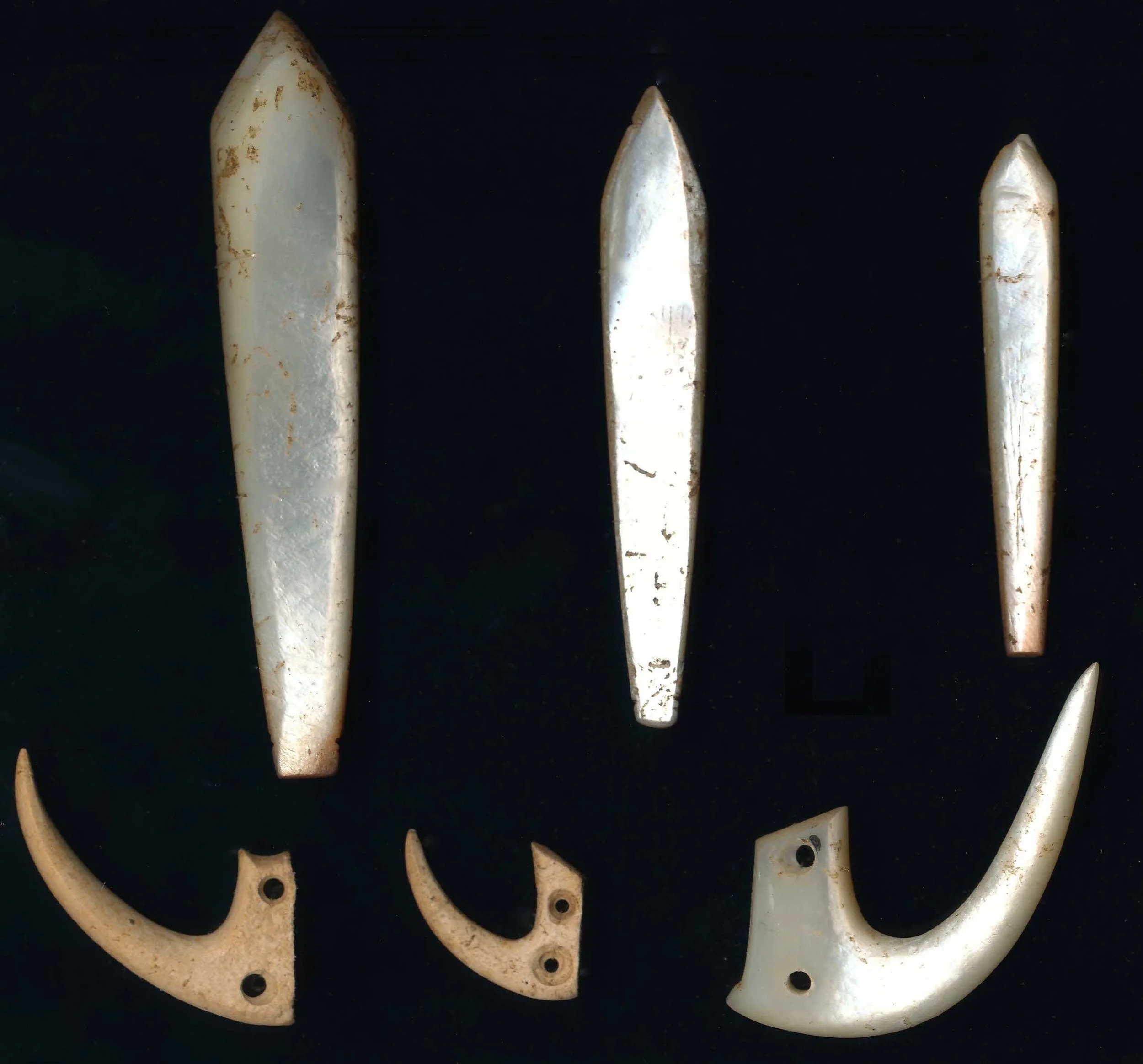 Trolling lure shanks and points discovered during the Hanamiai excavations. Artifacts such as these from the deepest deposits at Hanamiai date to the time of the earliest Polynesian settlement of the Marquesas, 700 - 800 years ago.