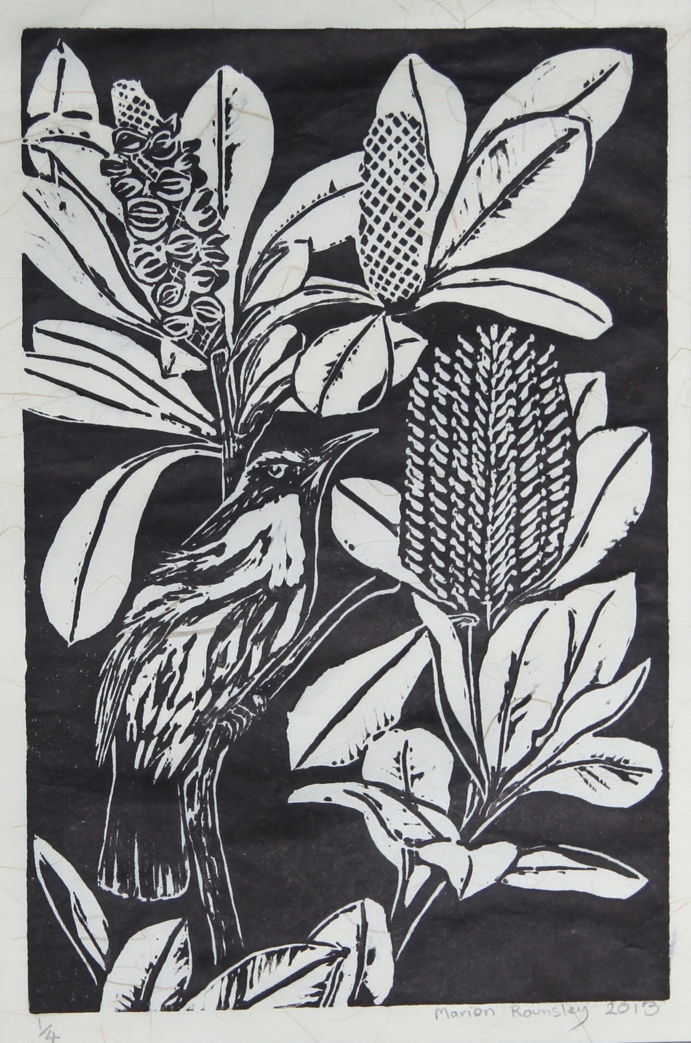 "Honey Eater & Banksia with Gold Thread"  2014