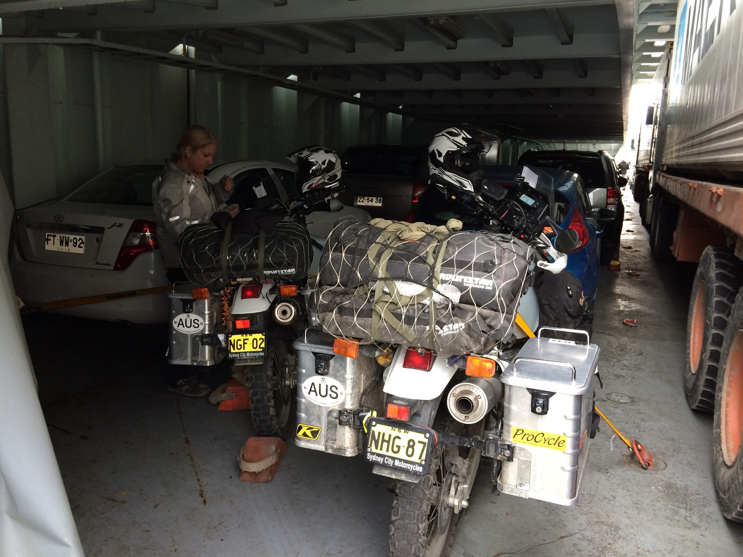 Strapping the bikes to the ferry