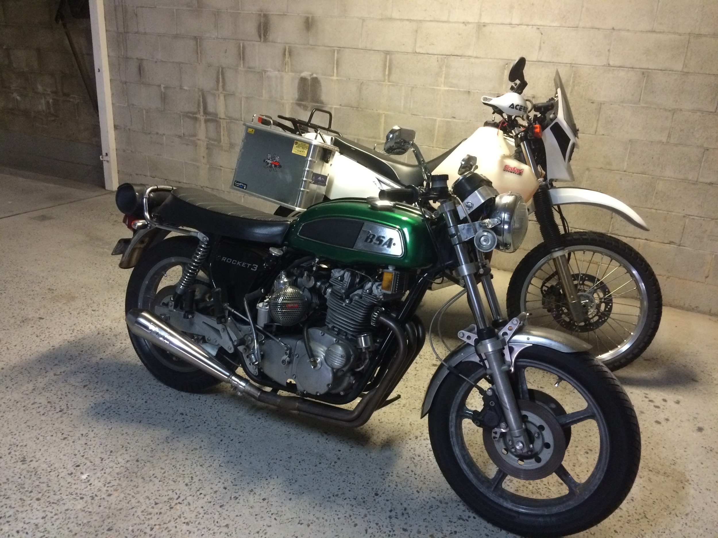Jeff's DR beside his '69 BSA A75R....the supercharged beastie
