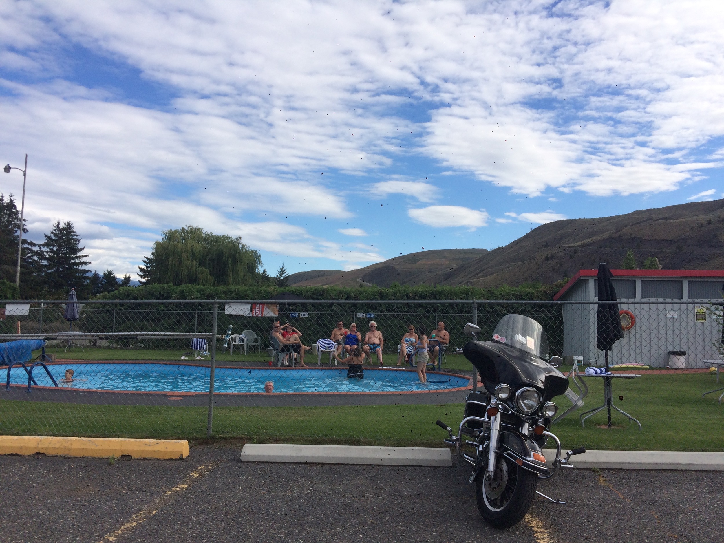 Pool party in Cache Creek, complete with Harley juke box.