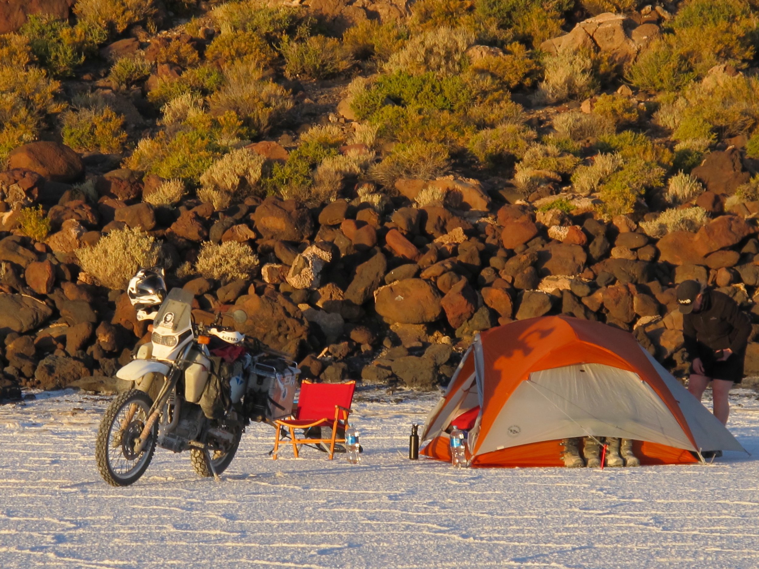 Camping beside Isla Incahuassi, Salar de Uyuni, Bolivia