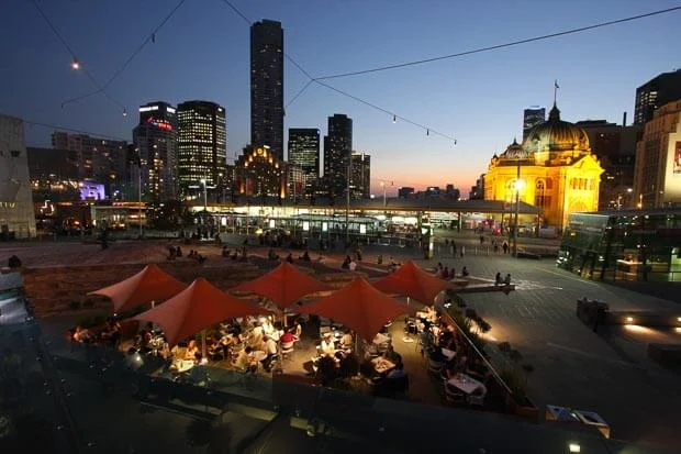 Melbournes Federation Square Lit Up At Dusk