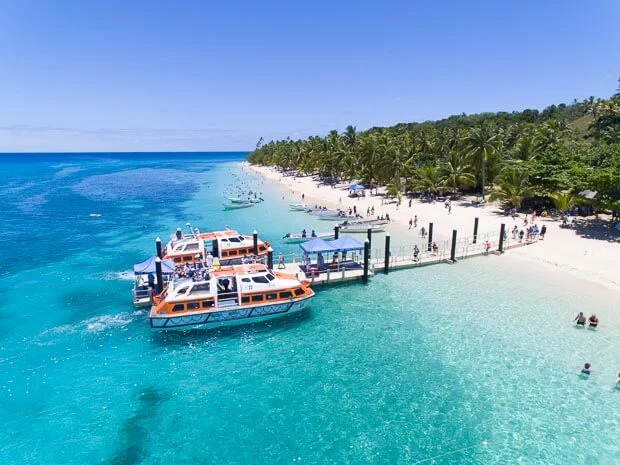 Princess Cruise Ship Tenders Dock At The Clear Waters Of Dravuni Island In Fiji