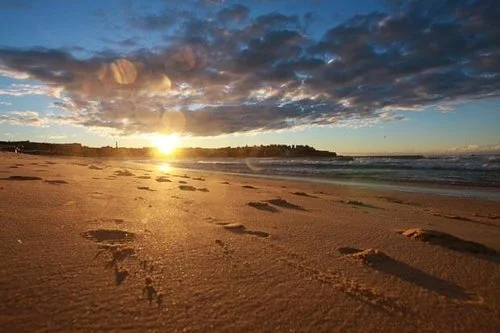 Footprints In The Sand On Bondi Beach At Sunrise