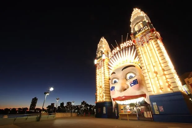 Smiling Luna Park Face In Sydney Lit Up At Night 