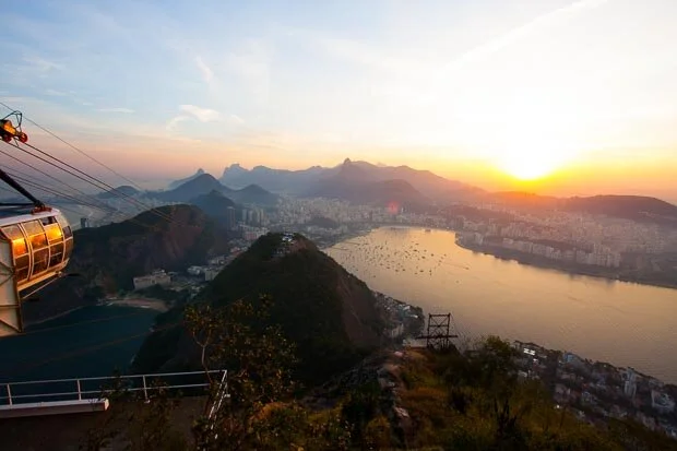 Sun Sets Behind The Funicular Of Sugar Loaf Mountain In Rio Brazil