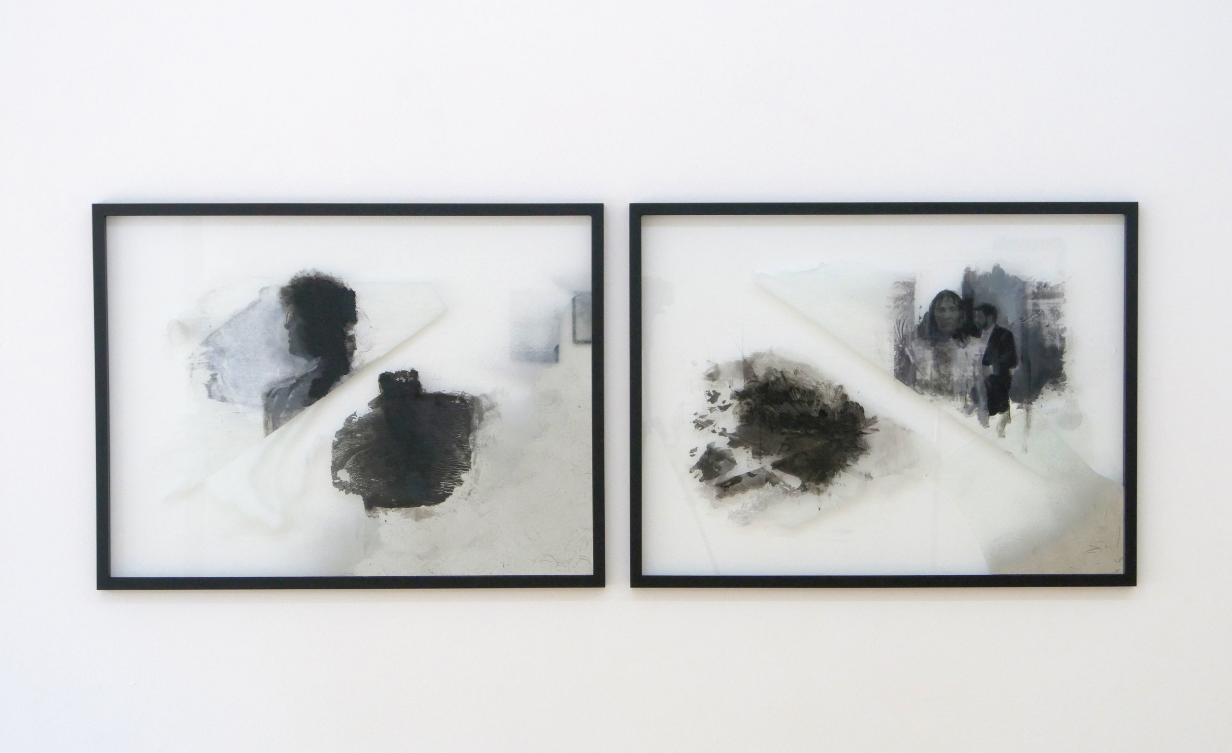 Memory of a Memory and somebody catching up with it, 2019 engraving, silver dust and oil  on glass Diptychon, each 62,7 x 82,7 cm (framed) Unique 
