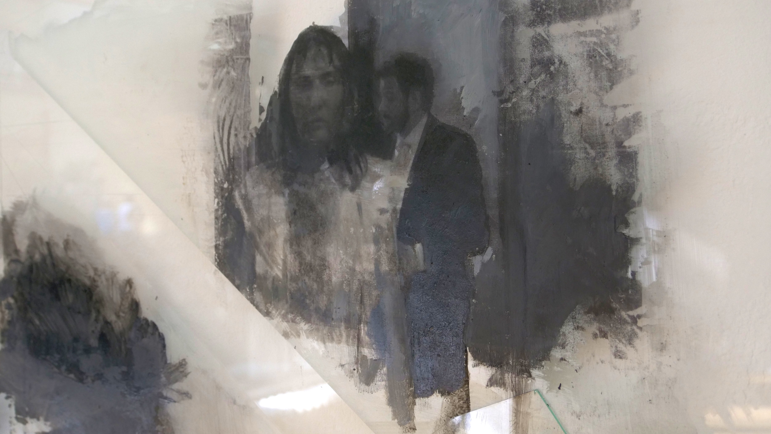  Memory of a Memory and somebody catching up with it, 2019, (Detail) engraving, silver dust and oil  on glass Diptychon, each 62,7 x 82,7 cm framed, Unique 