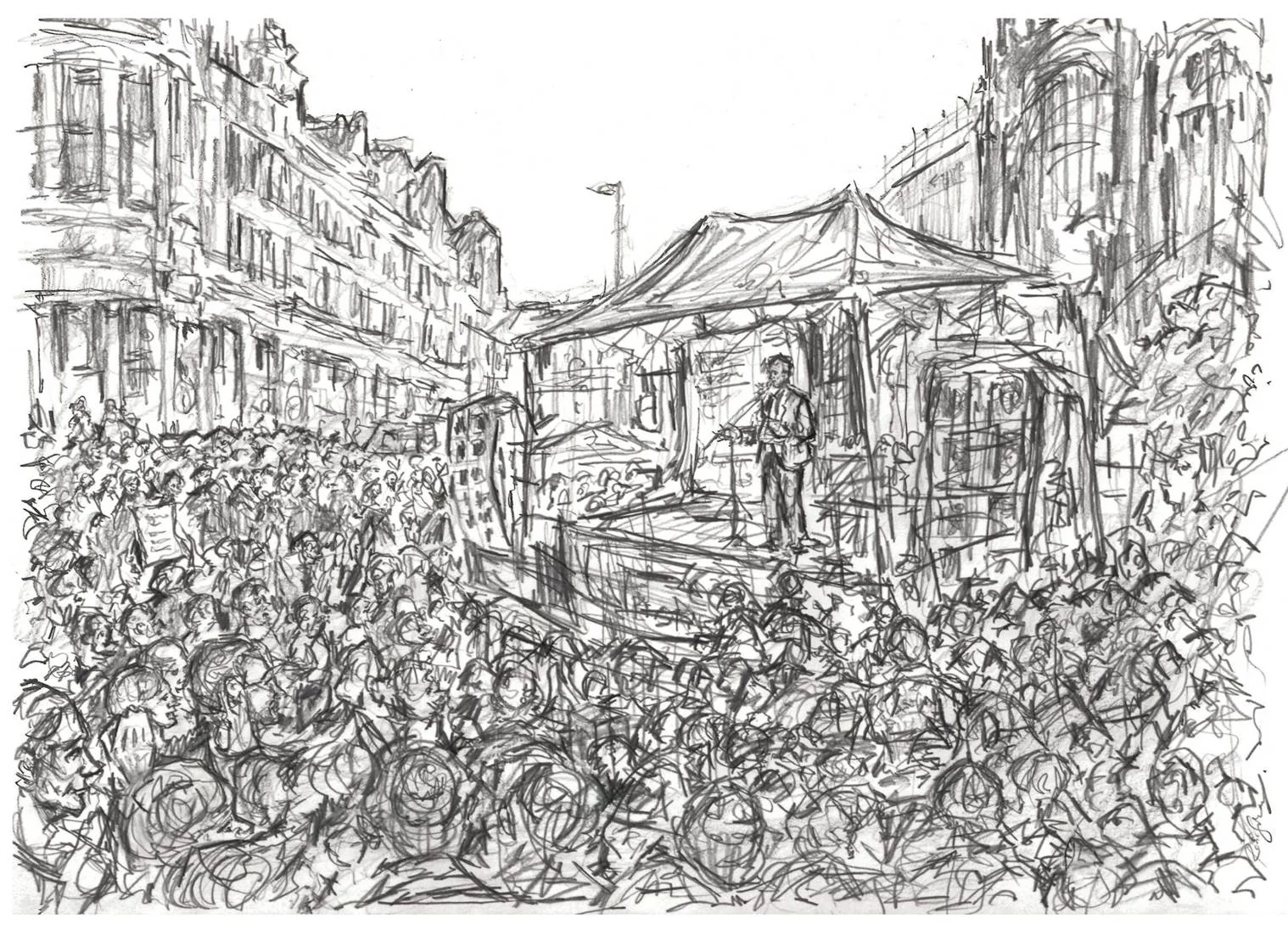 STUDENT & GRADUATE PRIZE: ROBIN SUKATORN 'Jeremy Corbyn speaks in Manchester', graphite stick on paper. Robin Sukatorn, 2015 (SOLD) - Read our interview with Robin