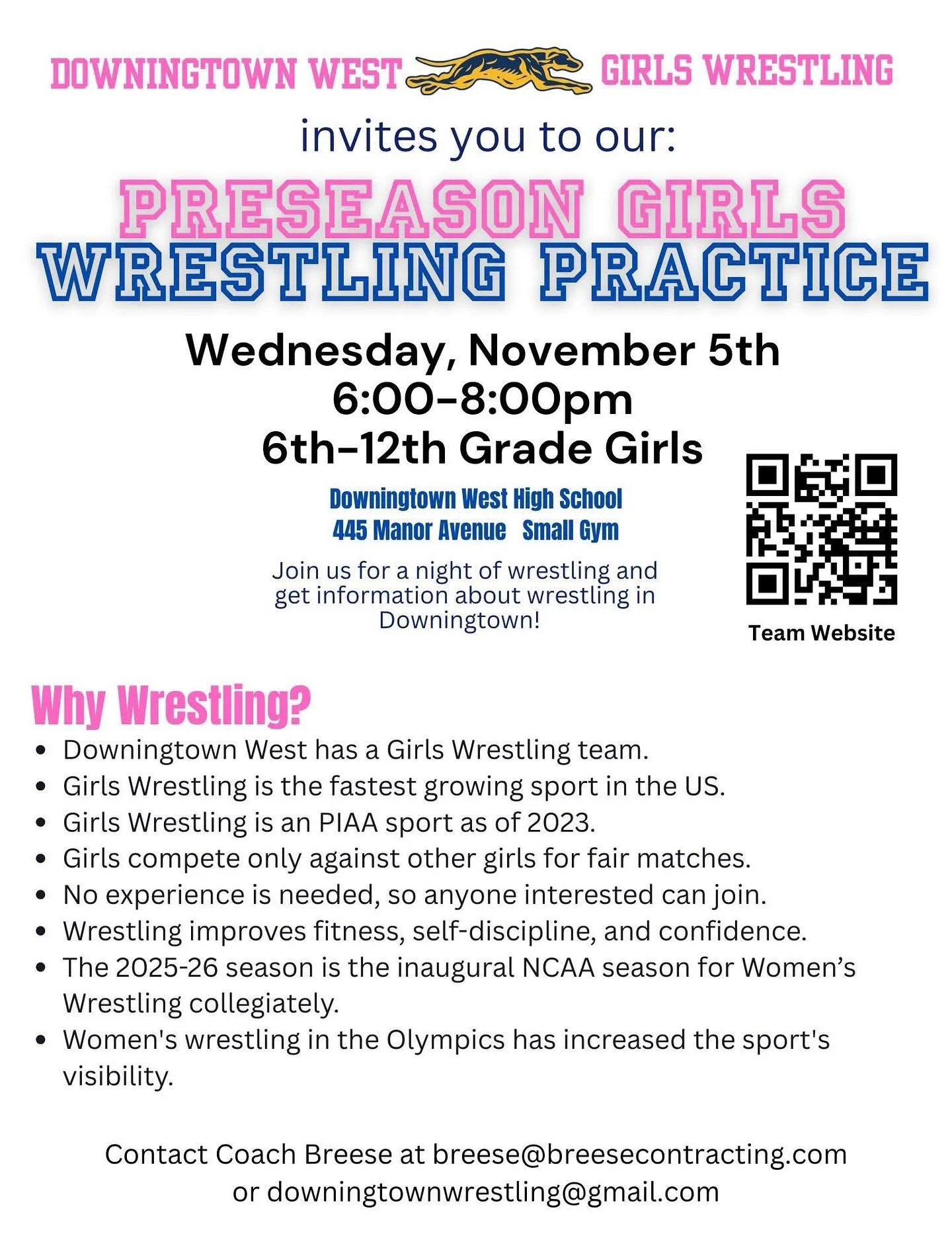 Downingtown West Girls Wrestling is hosting a Girls Practice Night for girls in grades 6th-12th grade who are interested in experiencing a practice and who may be interested in wrestling this season. 

Please share, wrestling has so many benefits for