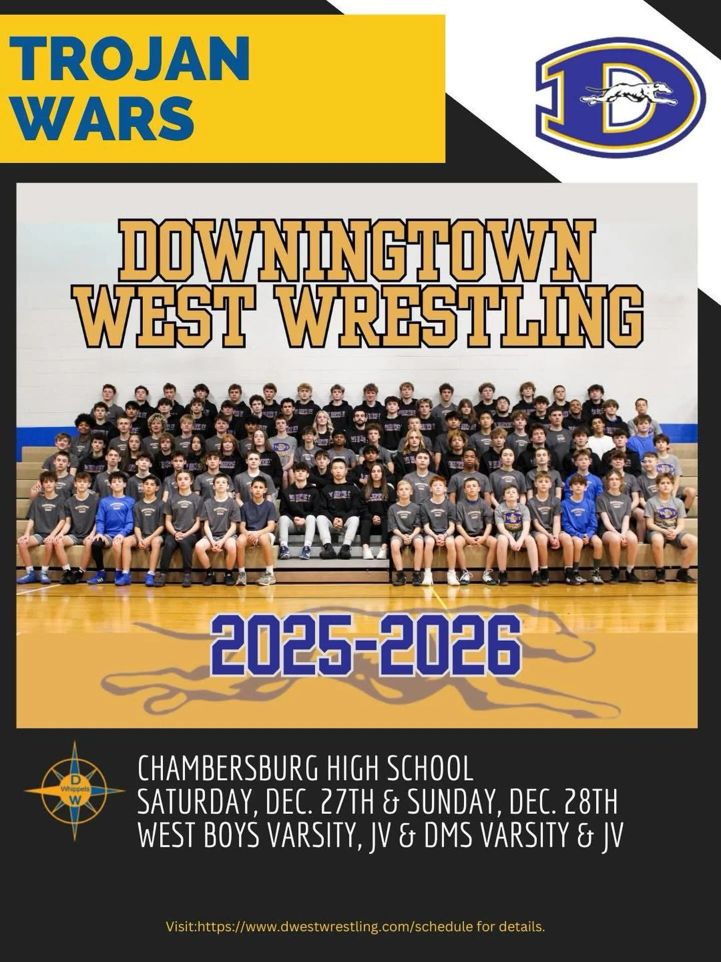 It&rsquo;s about time for Trojan! 

Our DMS and West Varsity and JVA heads out tomorrow for the two day tournament to bring home a Trojan Helmet! 

Saturday 
10:00am HS Varsity wrestling starts
Wrestling through quarter finals and consy RD of 8 (1 2:
