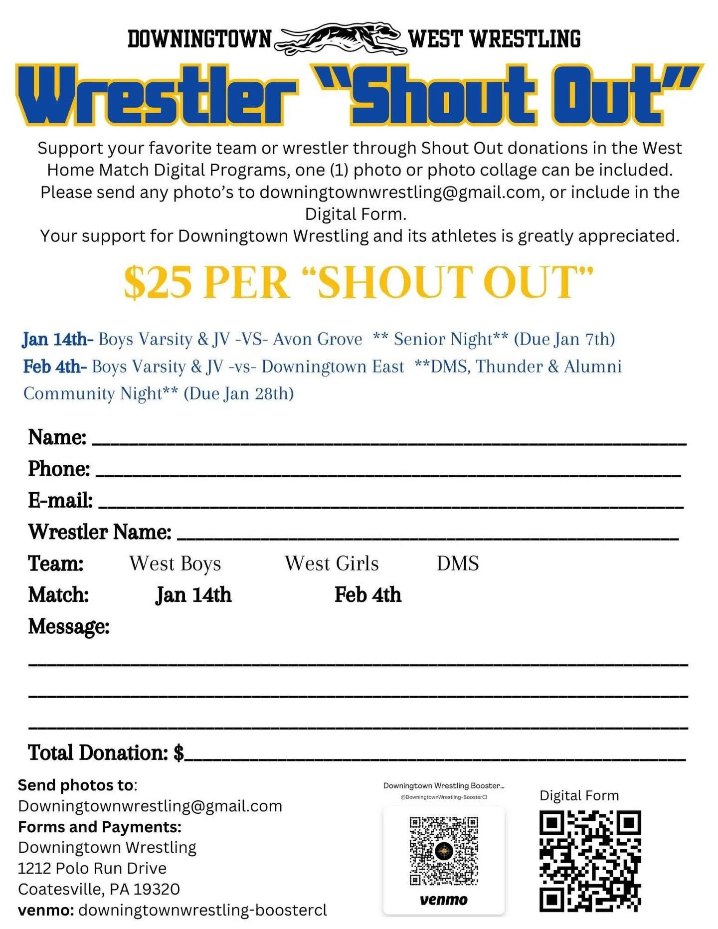 Happy New Year! 

We are excited for our 2026 West Home Matches! 

Two events this year,

January 14th- Senior Night, against Avon Grove
February 4th- Community Night to honor our DMS 8th Graders, and our Wrestlers past, present and future (Downingto