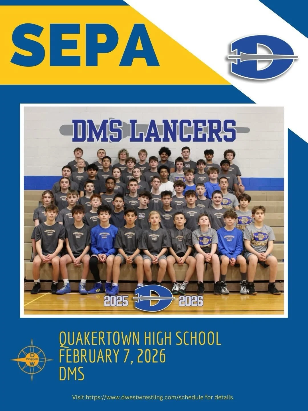 Two events for our crew this weekend. 

DMS heads to Quakertown for their final team event, SEPA.  Best of luck to our DMS wrestlers at SEPA and the remainder of your post season!

Quakertown Community High School
600 Park Avenue
Quakertown, PA 18951