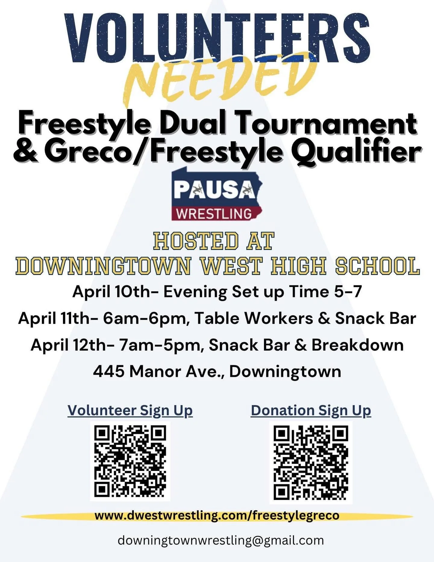 Big Wrestling weekend ahead! 

Looking for volunteers and snack bar donations! 

Volunteers receive free admission to the event.  Volunteer hours available to youth needing hours for various clubs and graduation requirements! 

Volunteers: https://ww