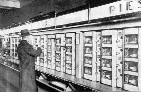 Typical food automats used up through 1991 at Horn and Hardart in New York City. (Image from Wikipedia.)