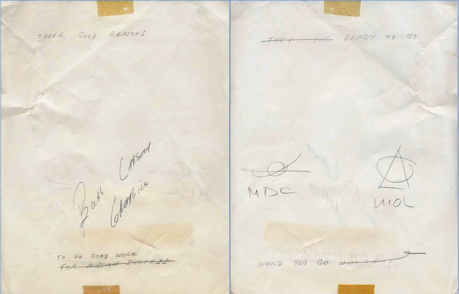 Front (on left, based on orientation when taped to cover sheet) and back (on right) of typewriter paper with handwritten suggestions for mottoes and logos, suggesting Painting 7A was to be used in a motivational poster.