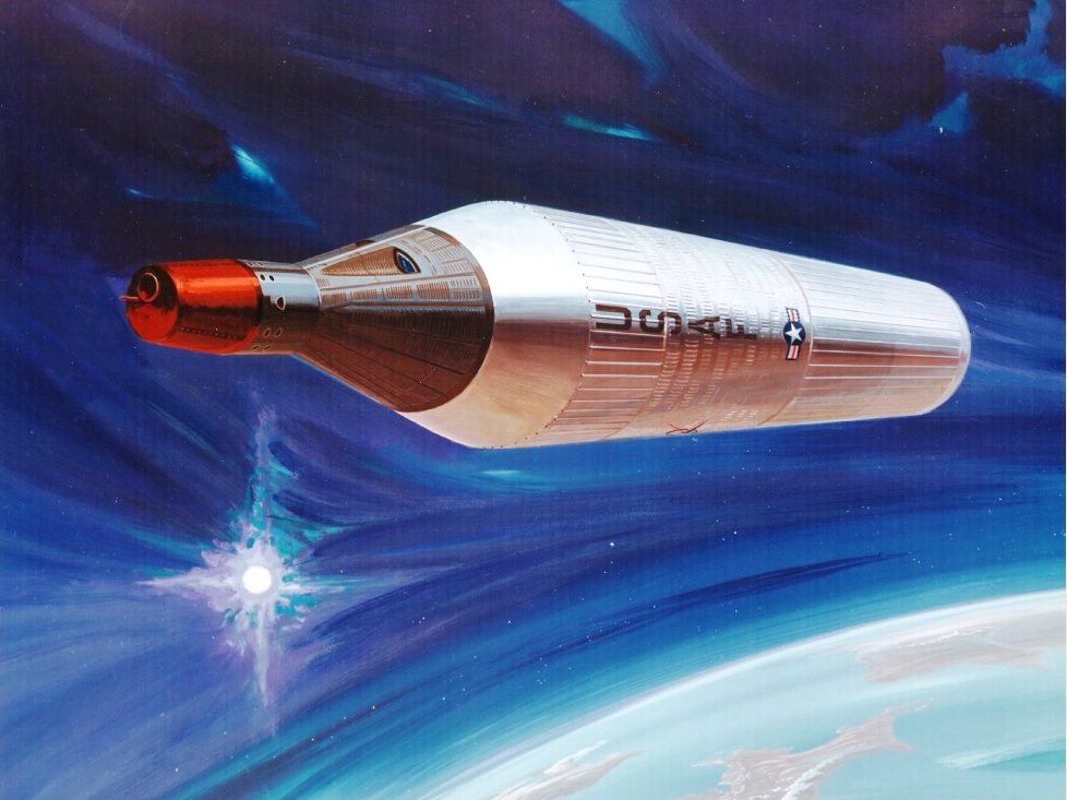  Figure 1. Stylized view of Gemini-B/MOL in low Earth orbit. Note the absence of any maneuvering thrusters, antennae or reconnaissance telescope aperture, but the gratuitous addition of a red nose on the Gemini-B. (Credit: McDonnell-Douglas, 1967)