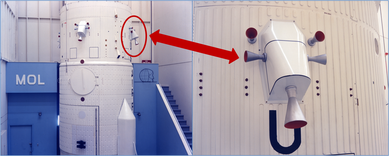 Figure 6. Full-scale mockup of MOL with Attitude Control and Translation System (ACTS) quad shown in detail. The Gemini-B spacecraft was to be mounted atop this module, indicating the "forward" direction. Note absence of any forward-directed thruster nozzles, and thus an absence of deceleration capability.
