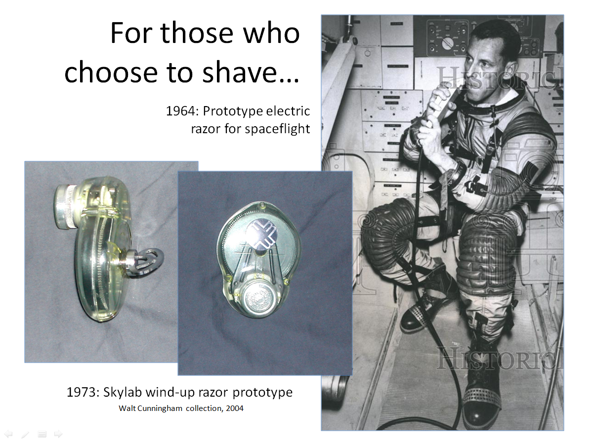 Figure 2. Early and later attempts at mechanical razors for shaving in space. (Credits: Historic Images and unknown manufacturer; Cunningham Collection.)