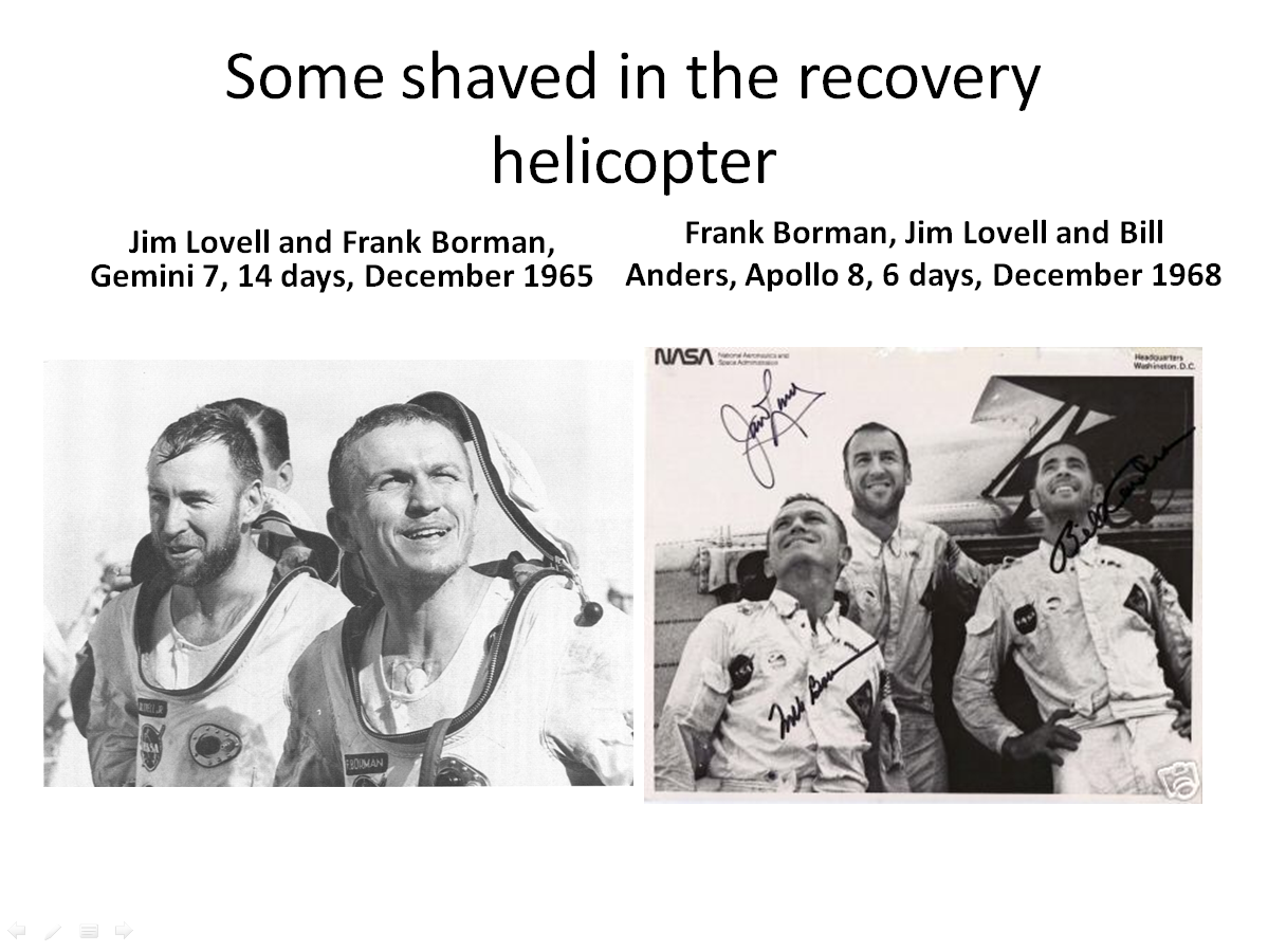 Figure 4. Borman was able to shave aboard the helicopter after Apollo 8 but not after Gemini 7 (Credits: NASA.)