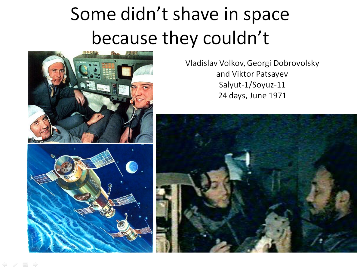 Figure 10A. Soviet cosmonauts on Salyut/Soyuz 11 before and during spaceflight in 1971. (Credit: TASS.)