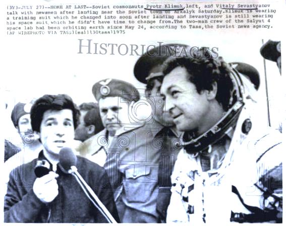 Figure 10C. Obviously clean-shaven Soviet cosmonauts Pyotr Klimuk (left) and Vitaly Sevastyanov (right) shortly after their 63-day spaceflight on Salyut 4/Soyuz 18 in 1975. (Credit: TASS.)