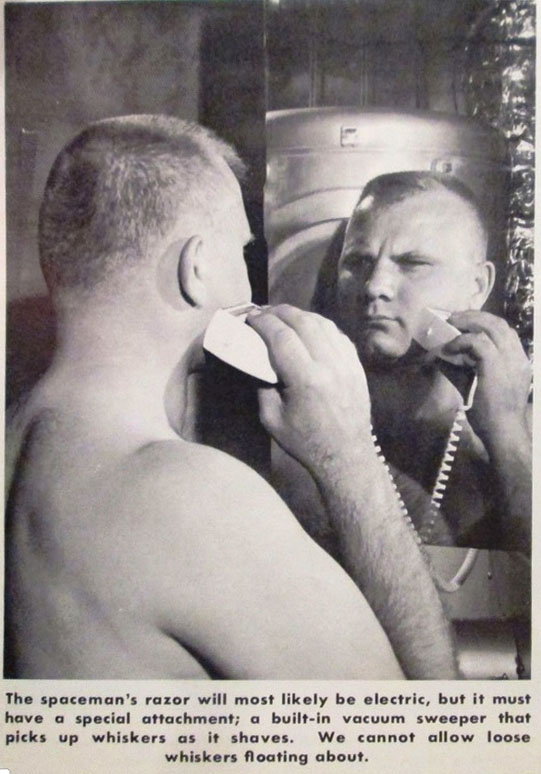 Figure 2B. A simulated space station mission in the 1960s established the justification of both the electric shaver and the vacuum attachment. (Credit: NASA in "Living in Space, NF-27, April 1969.)