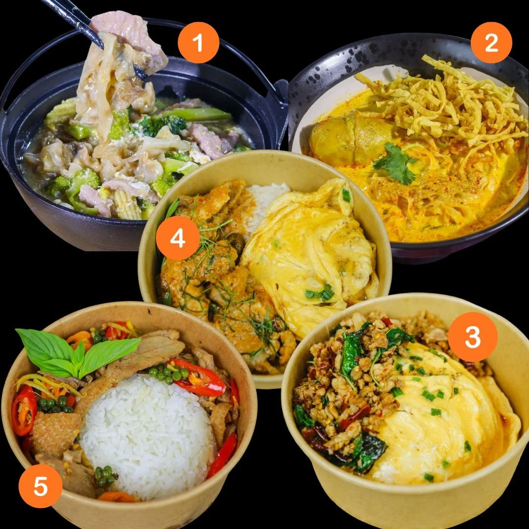 Five bowls of various Asian dishes including stir-fried vegetables and meat, yellow curry with chicken and vegetables, rice with beef and red peppers, minced meat with basil, chili, and green onions, and a noodle or vegetable stir-fry with herbs.