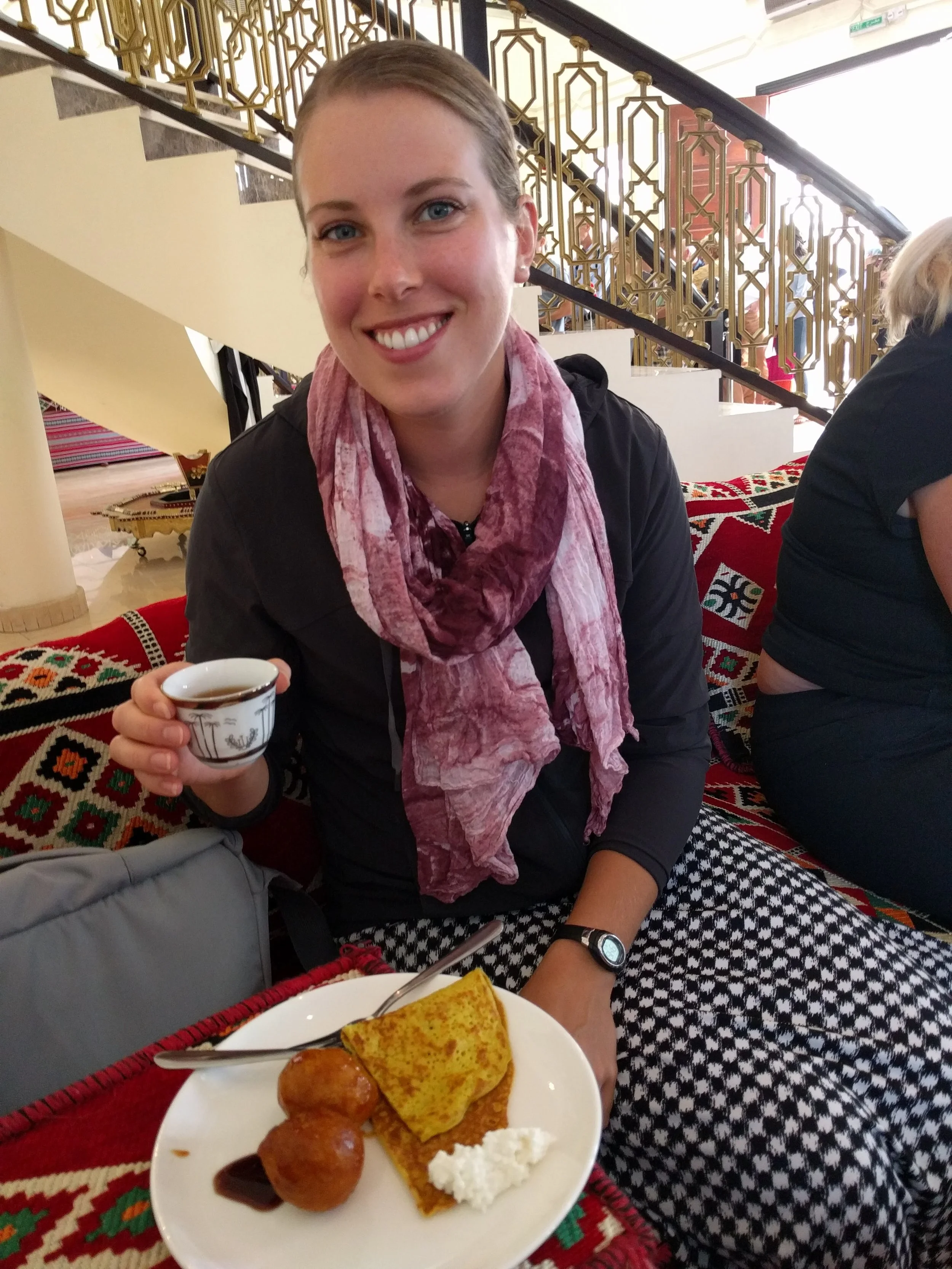 Arabic tea and coffee were served with lentil crepes (I think), camel cheese, and some form of delicious donut that I ate with date syrup. Breakfast of champions!