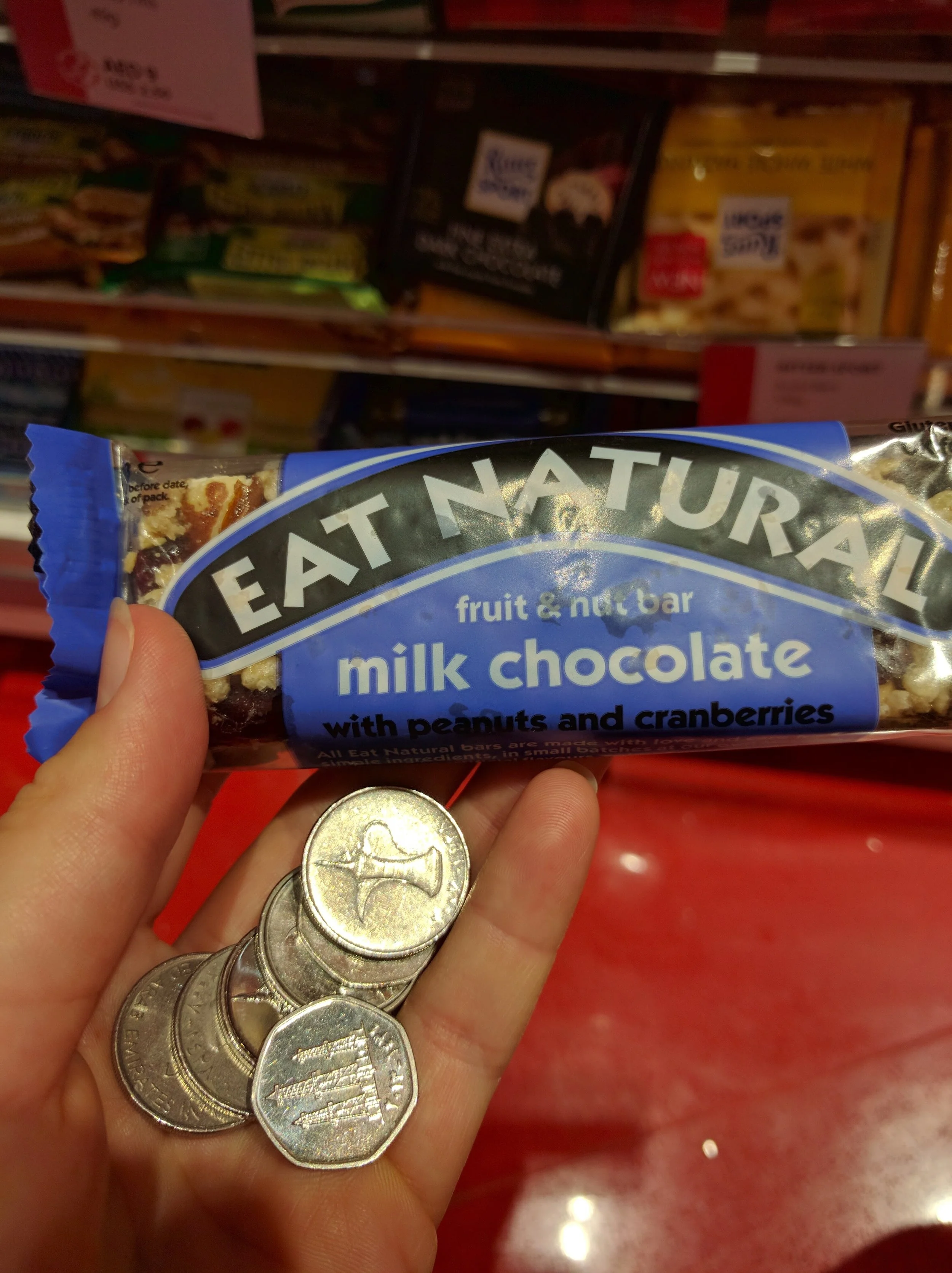 Bonus Post!!!! As we near the end of our time in each country, we try to get ourselves down to zero in that currency. We've been pretty good at playing the guessing game each time we go to the ATM, but normally we can't avoid having small change as we get to an airport. The change we don't spend usually goes into a donation box. In Dubai I scored a granola bar with my remaining 6 AED! It was a change from the usual chocolate bar and we left the UAE with zero Dirham left!